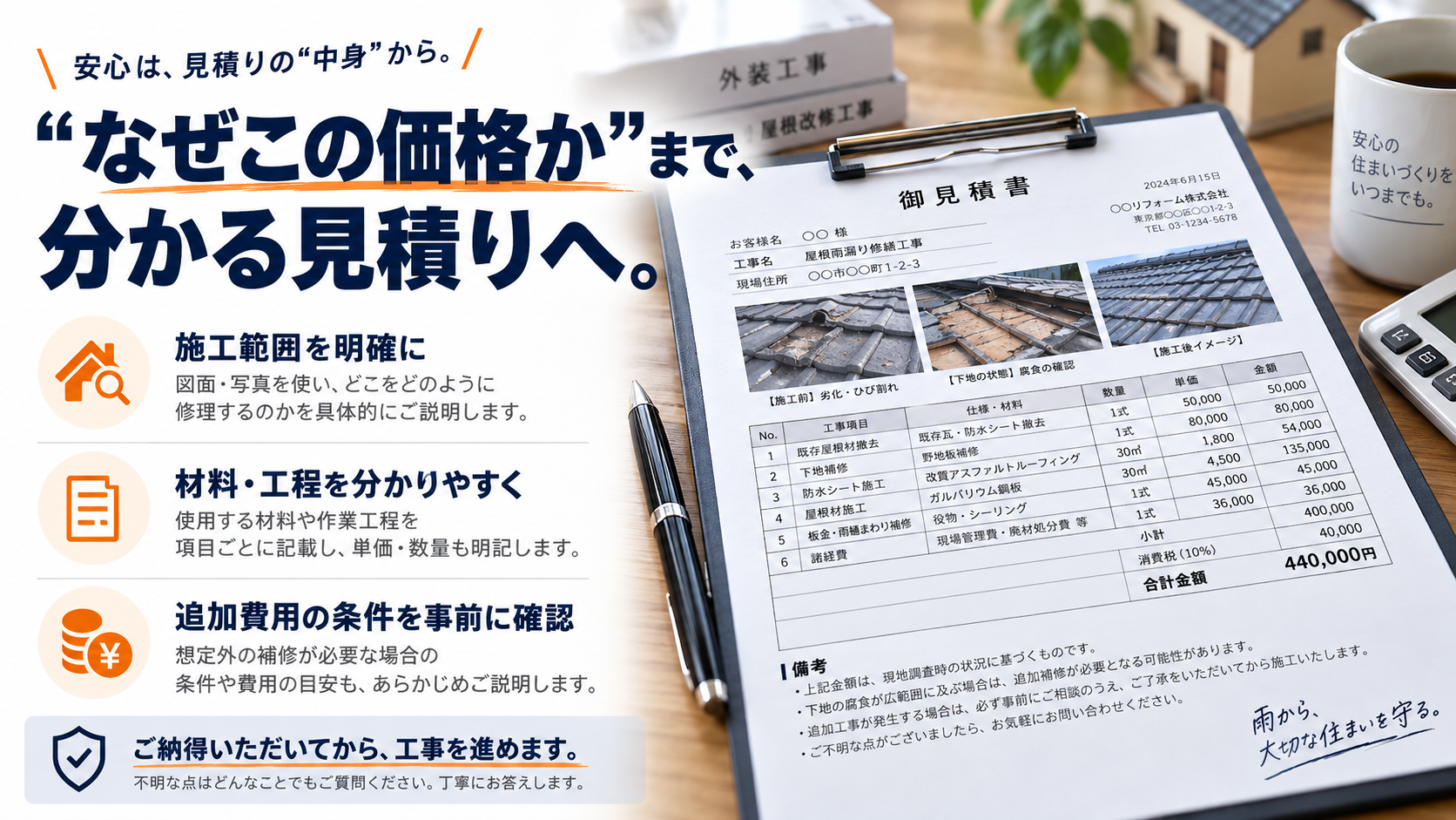 写真と内訳が記載された雨漏り修理の見積りイメージ