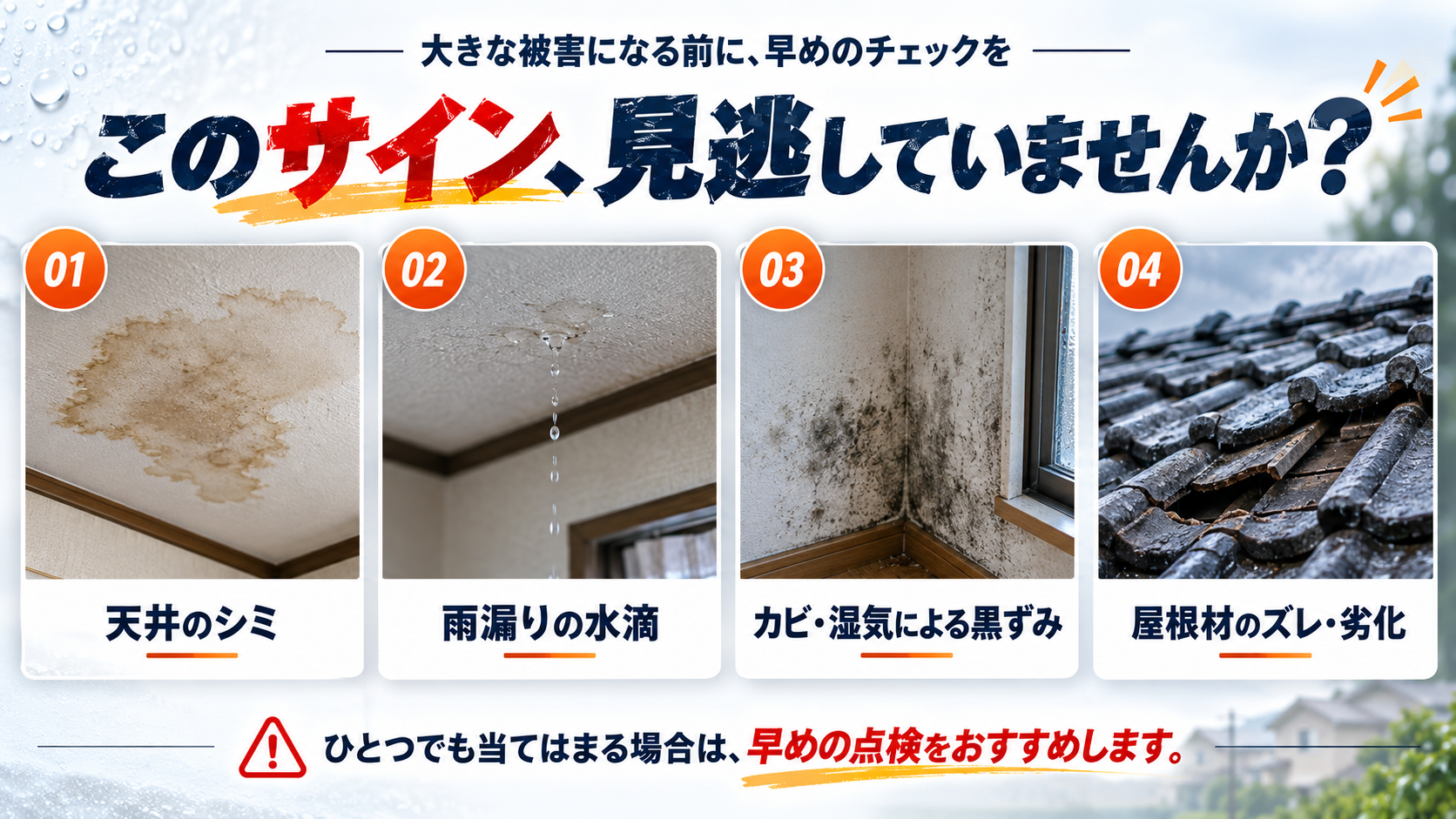 天井のシミ、水滴、カビ、屋根材劣化など雨漏りのサイン